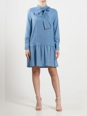 Tensione In Blue Neck Tie Long Sleeve Dress